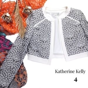New Katherine Kelly Grey Ivory Lace Embroidered Ivory Overlay Blazer Jacket sz 4